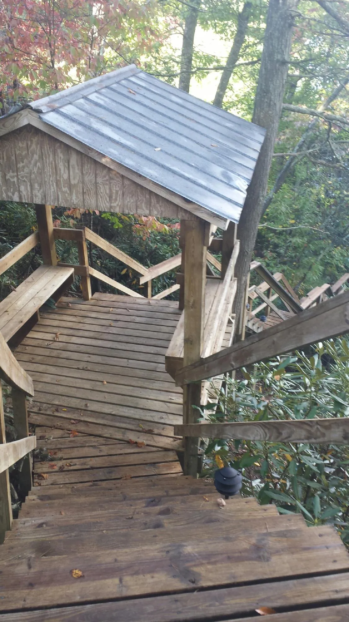 Metal roofed shelter over wooden steps on a wooded walkway — Skylight Repair & Installation work by our crew in Bowdon